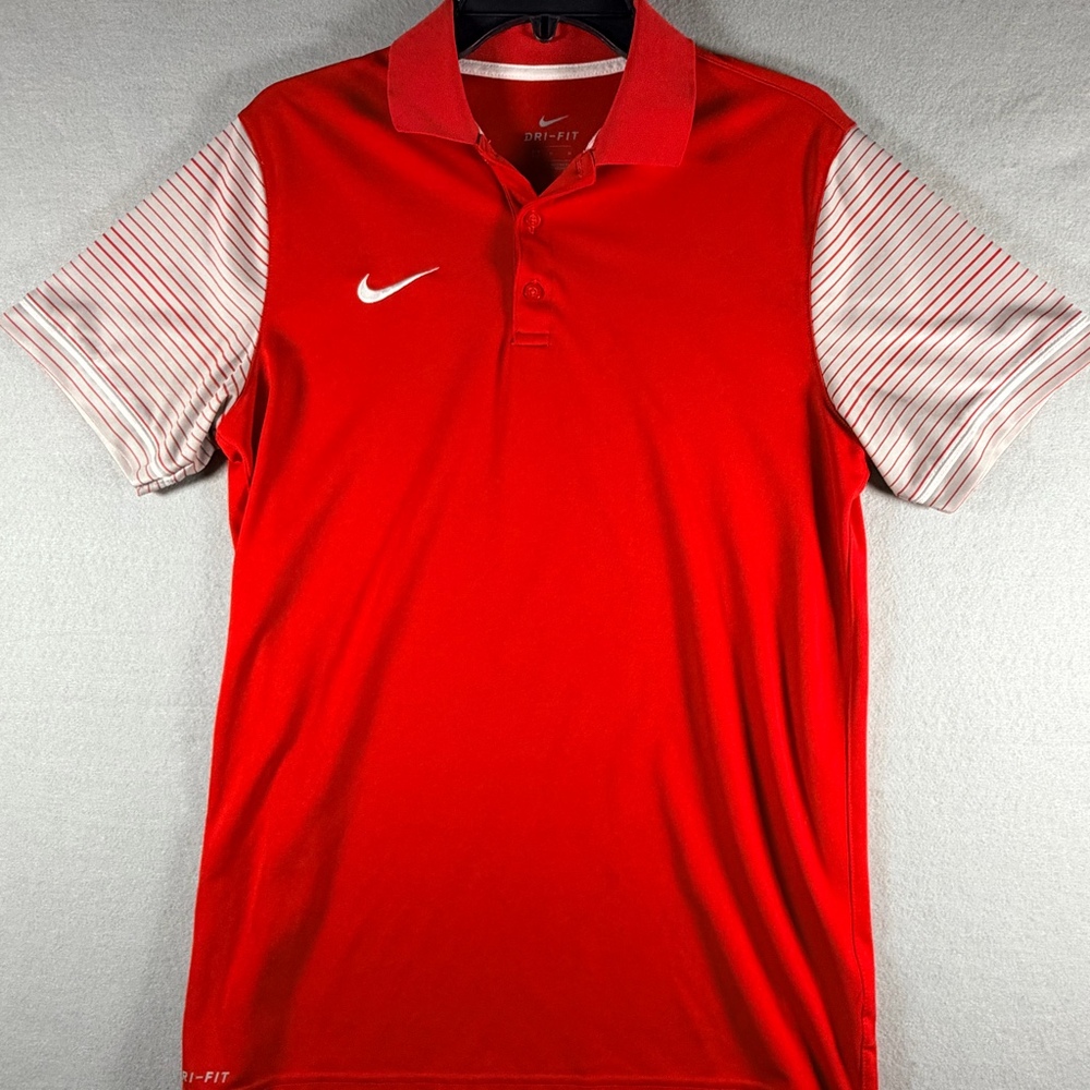 Nike Dri-Fit Mens M Red White Striped Sleeve Golf Polo Shirt